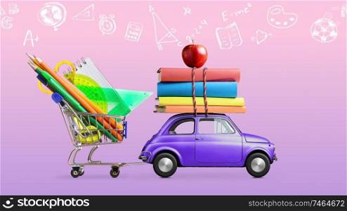 Back to school. Car delivering shopping cart with stationery, books and apple against purple and pink colored school blackboard with education symbols.. Back to school car animation