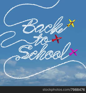 Back to school celebration symbol and taking flight concept as a group of airplanes creating a smoke trail shaped as text for returning to education and learning.