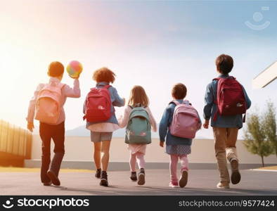 back to school children with backpack and father, Father and daughter going to school for the first time