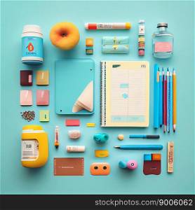 Back to school concept. Backpack with school supplies, pens, pencils, notebook on pastel background. Flat lay. Ai≥≠rative. Back to school concept. Backpack with school supplies, pens, pencils, notebook on pastel background. Flat lay, top view,©space, ban≠r