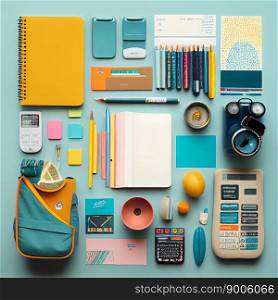 Back to school concept. Backpack with school supplies, pens, pencils, notebook on pastel background. Flat lay. Ai generative. Back to school concept. Backpack with school supplies, pens, pencils, notebook on pastel background. Flat lay, top view, copy space, banner