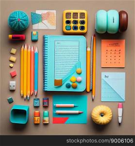 Back to school concept. Backpack with school supplies, pens, pencils, notebook on pastel background. Flat lay. Ai generative. Back to school concept. Backpack with school supplies, pens, pencils, notebook on pastel background. Flat lay, top view, copy space, banner