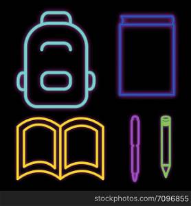 Back to school concept, flat design. Neon illuminated school supplies icons set. . Neon illuminated school supplies icons set