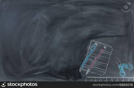Back to School concept with erased chalk board and hand drawn supplies
