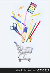 Back to school concept with school supplies falling on blue background into shopping cart with copy space. back to school