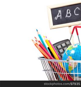 Back to School Conceptl: Globe, Calculator, Colored Pencils, School Black Board with Letters a, b, c in Shopping Bag for Shopping on the White Background. Threr is a Copy Space in the Left Part.