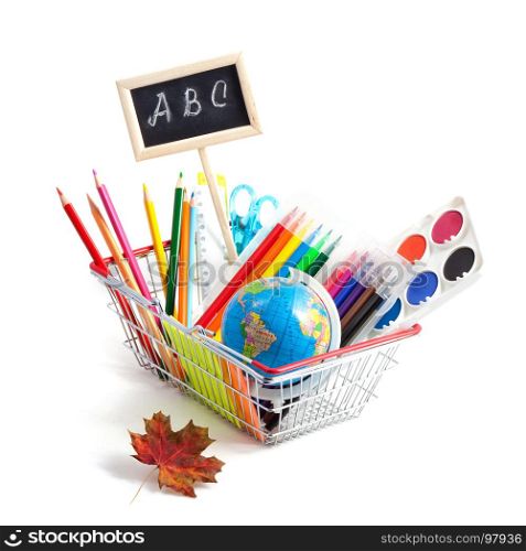Back to School Conceptl: Globe, Felt-tip pens, Palette with Colors, Colored Pencils, Scissors, Rulers, School Black Board with Letters A, B, C in the Shopping Cart