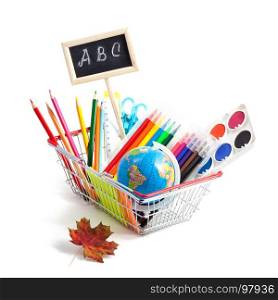 Back to School Conceptl: Globe, Felt-tip pens, Palette with Colors, Colored Pencils, Scissors, Rulers, School Black Board with Letters A, B, C in the Shopping Cart