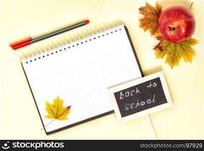 Back to School Conceptl: Red Felt Pen, Note Book, Red Apple and Mapple Leaf on the Yellow Background
