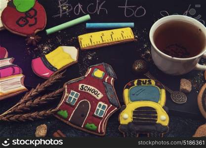 Back to school gingerbreads. Back to school gingerbreads cookies on a dark background