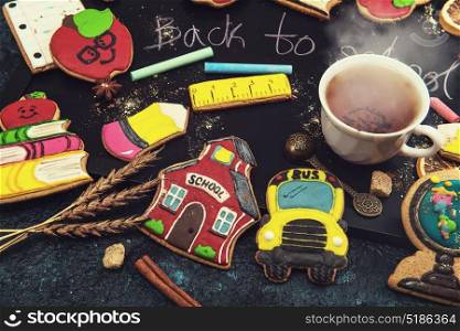 Back to school gingerbreads. Back to school gingerbreads cookies on a dark background