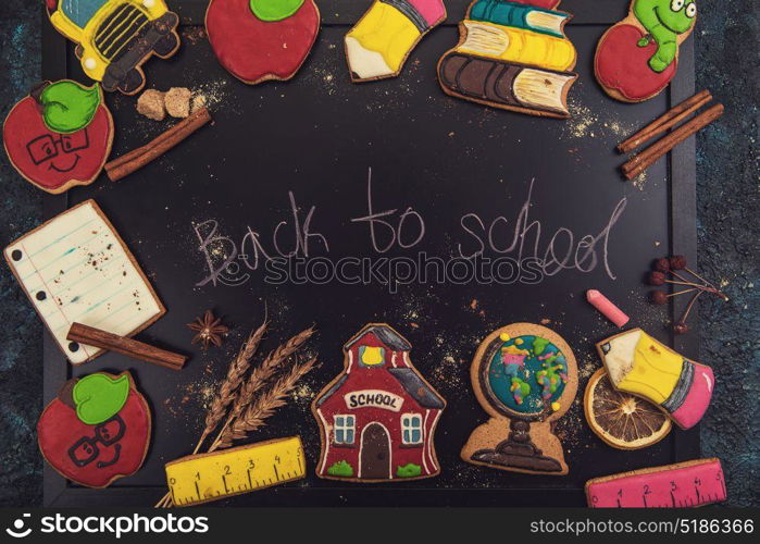 Back to school gingerbreads. Back to school gingerbreads cookies on a dark background