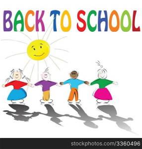 Back to school illustration with cute kids holding hands and smiling sun