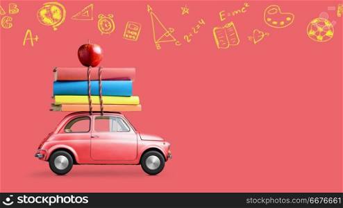 Back to school looped 4k animation. Car delivering books and apple against coral colored school blackboard with education symbols.. Back to school car animation