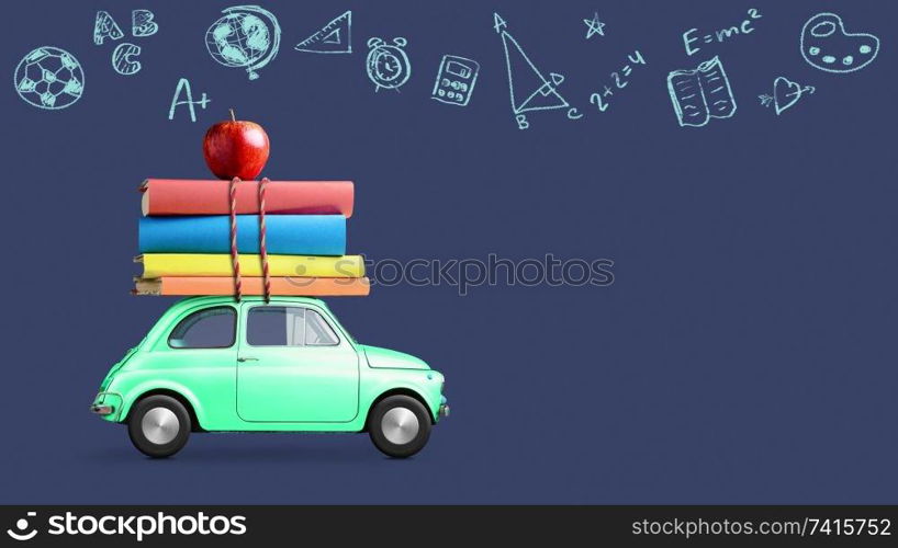 Back to school looped 4k animation. Car delivering books and apple against school blackboard with education symbols.. Back to school car animation