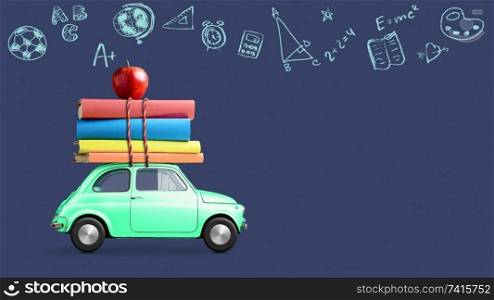 Back to school looped 4k animation. Car delivering books and apple against school blackboard with education symbols.. Back to school car animation