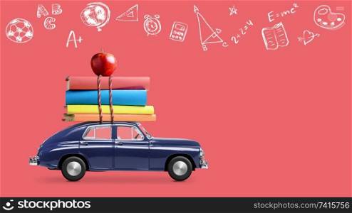 Back to school looped 4k animation. Car delivering books and apple against school blackboard with education symbols.. Back to school car animation
