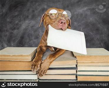 Back to school. Lovable, adorable puppy and vintage books. Close-up, isolated background. Studio shot, day light. Concept of care, education, obedience training and raising of pets. Back to school. Lovable, adorable puppy and vintage books