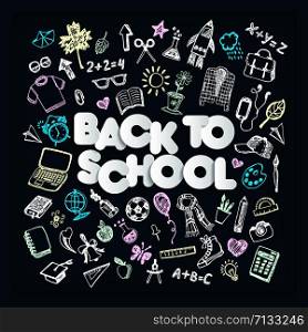 Back to school promo banner design. Vector black chalkboard background. Use for sale flyer, event invitation.. Back to school promo banner design. Vector black chalkboard background color crayons and pencils. Hand drawn doodle sketches with school goods.