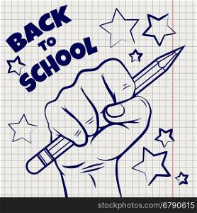 Back to school sketch. Back to school sketch with hand and pencil on notebook page. Vector illustration
