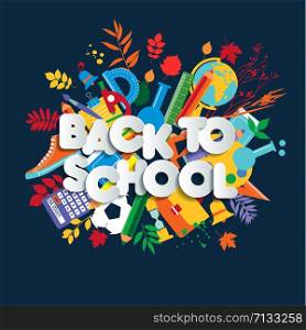 Back to school web banner, colorful kid illustration with class supplies.. Back to school web banner, colorful kid illustration with class supplies and happy typography quote.