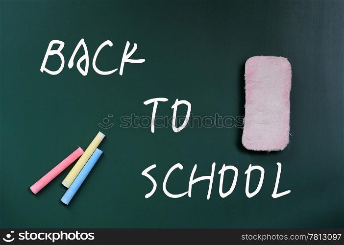 Back to School written on a blackboard, with eraser and chalk