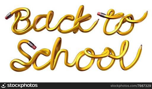 Back to school written text made from a group of three dimensional pencils as an education symbol and the start of class concept isolated on a white background.