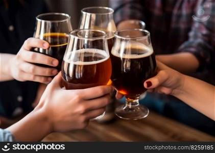 Back view friends toasting beer. Young drink. Generate Ai. Back view friends toasting beer. Generate Ai