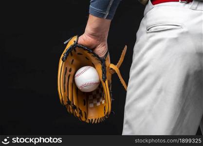 back view man holding glove with baseball. Resolution and high quality beautiful photo. back view man holding glove with baseball. High quality beautiful photo concept