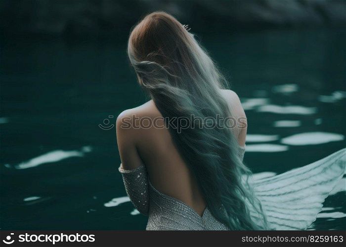 Back view mermaid sea. Tail creature magic. Generate Ai. Back view mermaid sea. Generate Ai