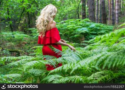 Back view of a Beautiful blonde girl in a chic red dress touching a fern in the fairy forest. Atmosphere fantastic. . High quality photo. Back view of a Beautiful blonde girl in a chic red dress touching a fern in the fairy forest. Atmosphere fantastic.