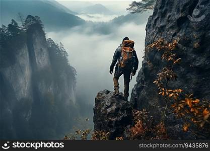 Back View of a Brave Young Man Climbing an Extreme Cliff in Foggy Cold Weather