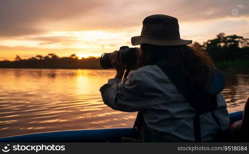 Back view of a female photographer taking pictures of sunrise