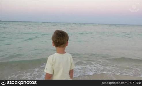 Back view of a little boy alone on the beach. He standing by the sea and looking as waves coming close to his feet
