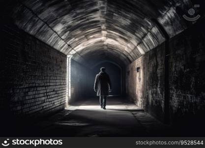 Back view of a lonely person in a tunnel  created with generative AI technology