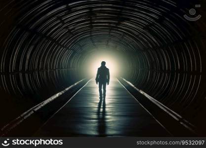 Back view of a lonely person in a tunnel  created with generative AI technology