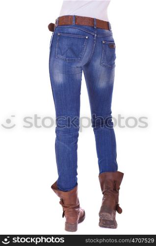 Back view of a long woman legs posing with jeans isolated on a white background