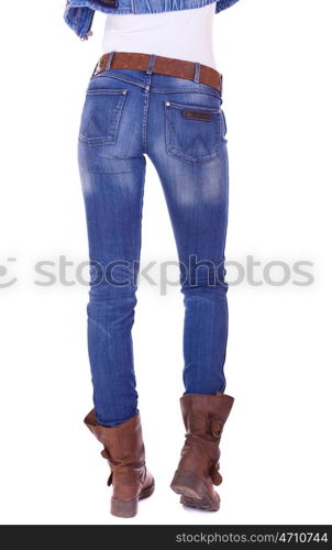 Back view of a long woman legs posing with jeans isolated on a white background