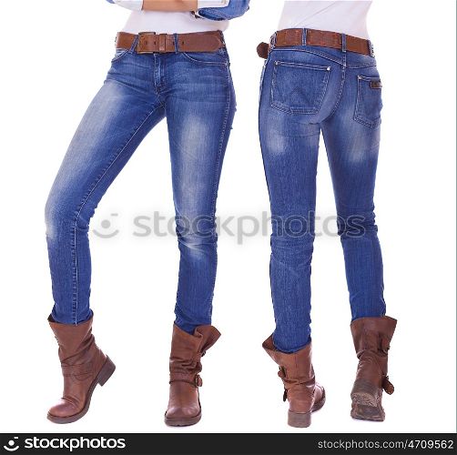 Back view of a long women legs posing with jeans isolated on a white background