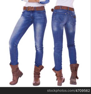 Back view of a long women legs posing with jeans isolated on a white background