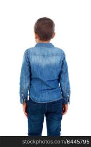 Back view of a small child with denim shirt isolated on a white background