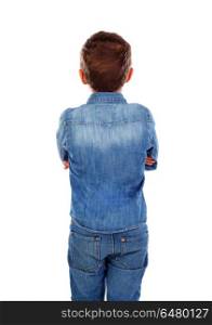 Back view of a small child with denim shirt isolated on a white background