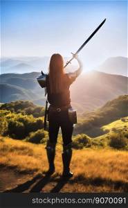 Back view of a warrior with a long sword in front of a rolling, gentle mountain landscape with the backlight of the bright white sun, made with generative AI