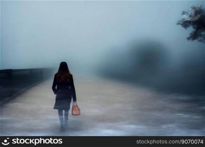 Back view of a woman with long dark hair, black clothes and brown handbag walking down the street through impenetrable fog, made with generative AI
