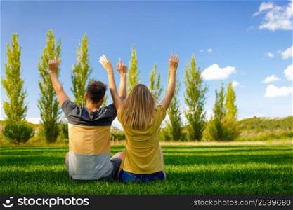 Back view of a young couple sitting on the grass with arms on the air