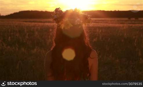 Back view of attractive brunette female with long hair holding flower wreath over head in glow of amazing sunset while standing in golden wheat field in summertime. Slow motion. Rays of setting sun shining through wreath over head of beautiful woman.