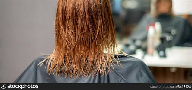 Back view of beautiful wet long red straight hair of young woman in hair salon. Back view of wet long red hair