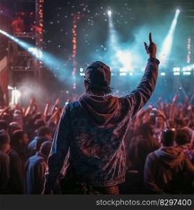 Back view of boy on festival with hands up against illuminated with purple lights stage during music performance, spotlights crowded party. Back view of boy on festival with hands up against illuminated with purple lights stage during music performance, spotlights crowded party dancing