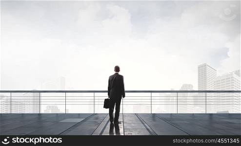 Back view of businessman standing on roof looking at city. On top of business