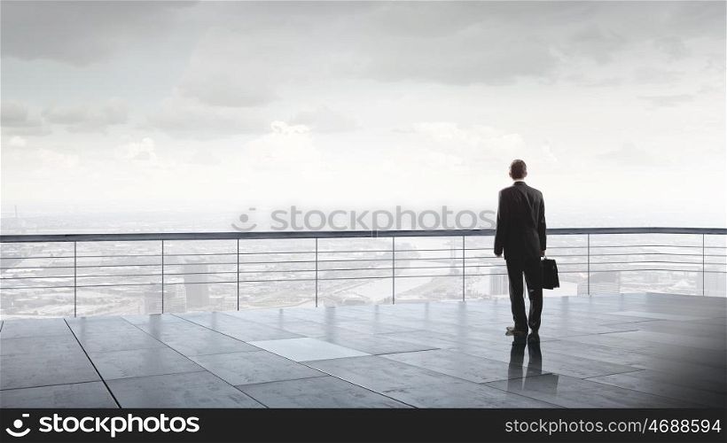 Back view of businessman standing on roof looking at city. On top of business